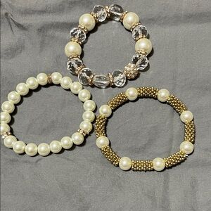 Set of 3 Bracelets.  Faux Pearl, Gold, and Crystal.
